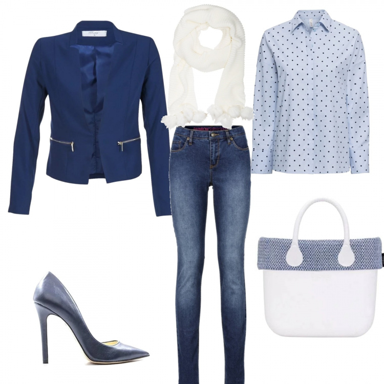 Outfit donna - Blu jeans. Stile Urban per Ufficio. Abbinamento con jeans skinny, camicia a pois, sciarpa tinta unita bianco, giacca blu, borsa blu, décolleté con tacco spillo blu.