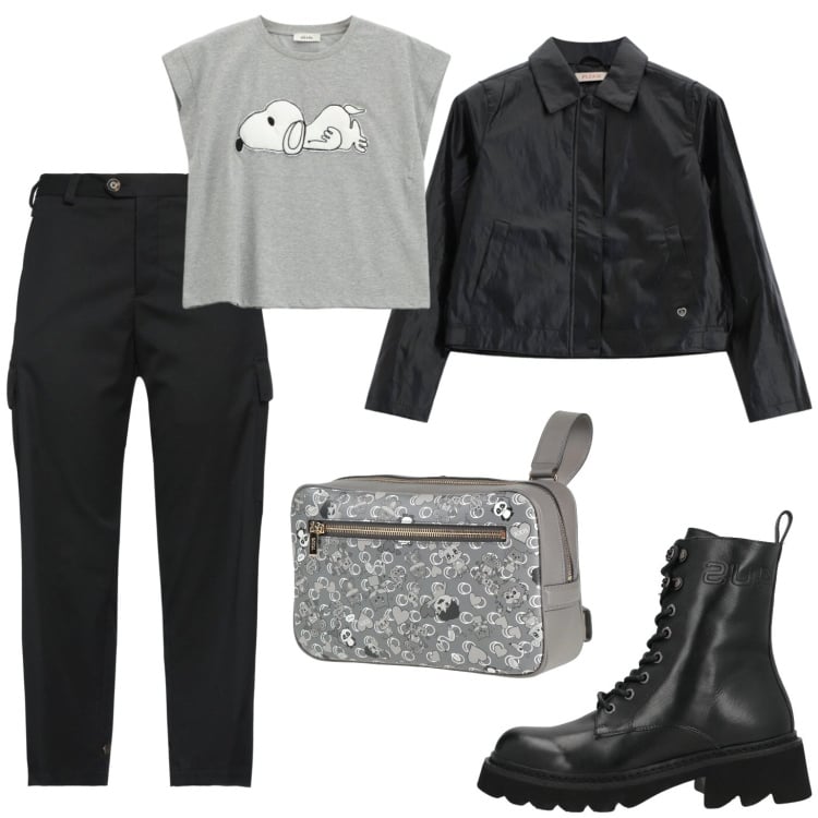 Outfit donna - Grigio e nero. Stile Casual per Tutti i giorni. Abbinamento con marsupi, stivaletti, pantaloni cargo, t-shirt, blazer.