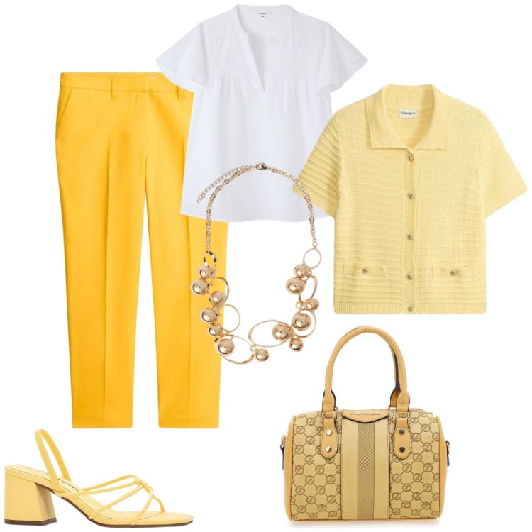 Outfit donna - Amalfi. Stile Casual chic per Tutti i giorni. Abbinamento con sandali col tacco, pantaloni, cardigans, bluse, collane, borse a spalla.