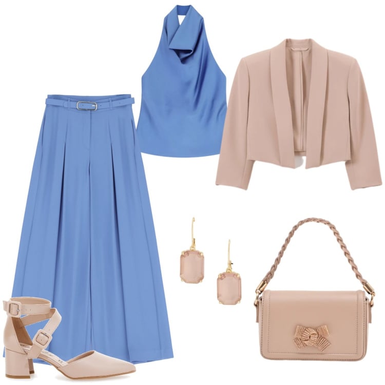 Outfit donna - Cerimonia. Stile Chic per Cerimonia. Abbinamento con pantaloni a palazzo, top, bolero, pochette, orecchini, décolleté.