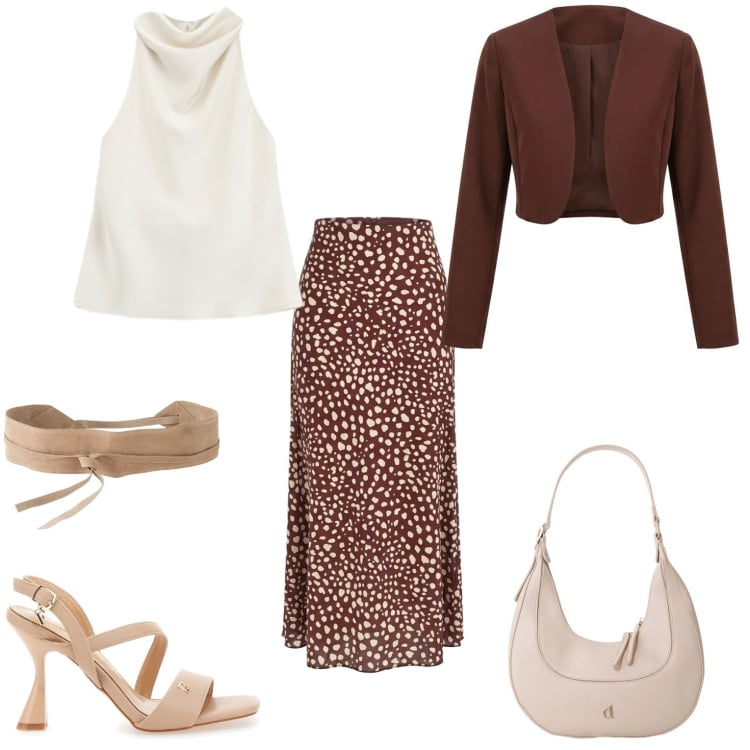 Outfit donna - Cena fuori. Stile Casual per Serata fuori. Abbinamento con cinture, top, gonne lunghe, borse a tracolla, bolero, sandali col tacco.