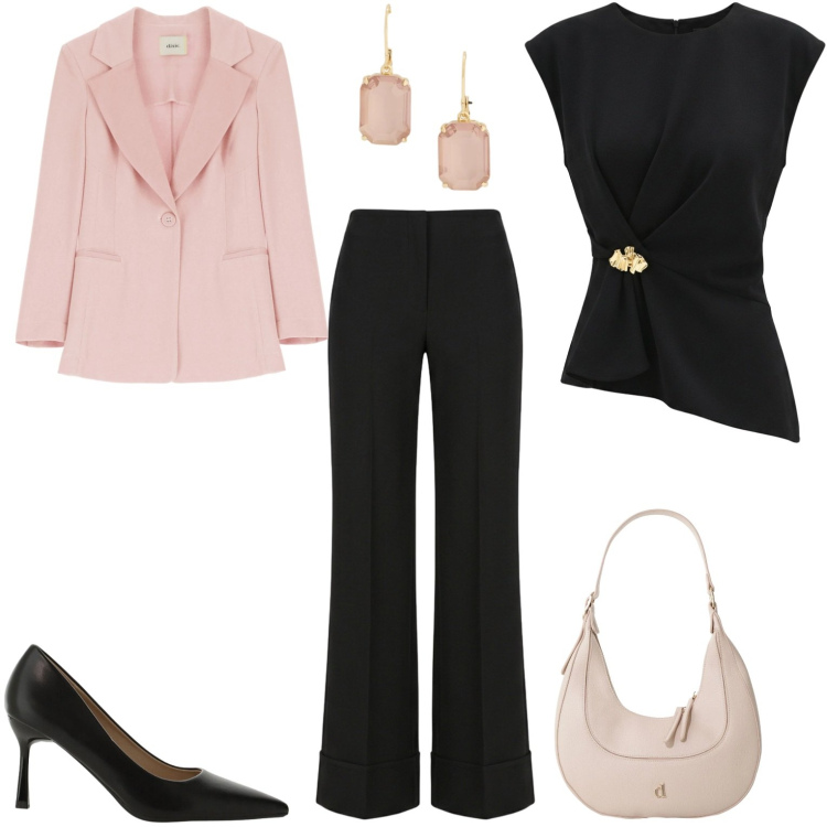 Outfit donna - Cena elegante. Stile Casual chic per Serata fuori. Abbinamento con décolleté, top, pantaloni, borse a tracolla, blazer, orecchini.