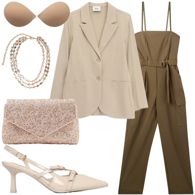 Outfit donna - Desert Chic Glow. Stile Chic per Serata fuori. Abbinamento con collane, pochette, blazer, tute, reggiseni, décolleté.