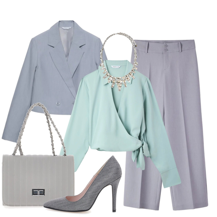 Outfit donna - Eleganza raffinata. Stile Chic per Tutti i giorni. Abbinamento con collane, camicie, borse a tracolla, décolleté, blazer, pantaloni.