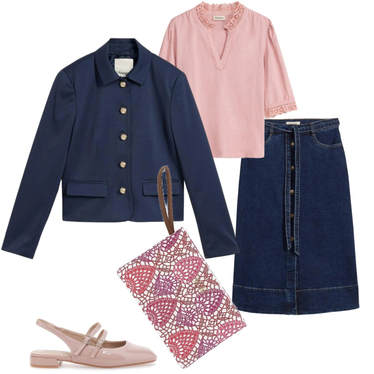 Outfit donna - Gonna midi. Stile Urban per Ufficio. Abbinamento con blazer, gonne longuette, bluse, ballerine, pochette.