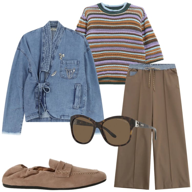 Outfit donna - Pantalone protagonista. Stile Casual chic per Tutti i giorni. Abbinamento con pantaloni a palazzo, mocassini, maglieria, blazer, occhiali da sole.