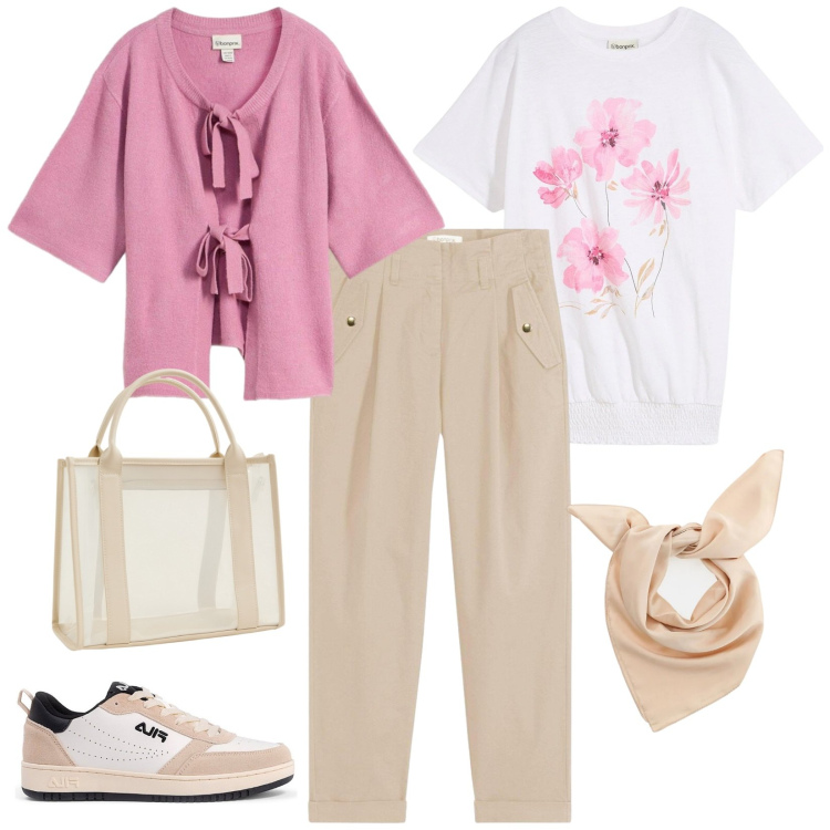 Outfit donna - Pink spring. Stile Casual per Tutti i giorni. Abbinamento con cardigans, t-shirt, pantaloni, foulard, borse tote, sneakers.