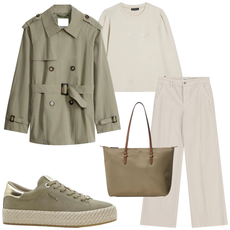 Outfit donna - Pantalone protagonista. Stile Casual chic per Tutti i giorni. Abbinamento con sneakers, trench, pantaloni a palazzo, felpe, borse tote.