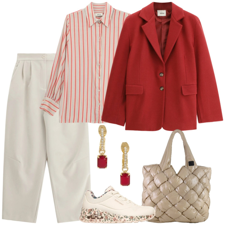 Outfit donna - Spring in sale. Stile Casual chic per Ufficio. Abbinamento con camicie, pantaloni a palazzo, blazer, borse tote, orecchini, sneakers alte.