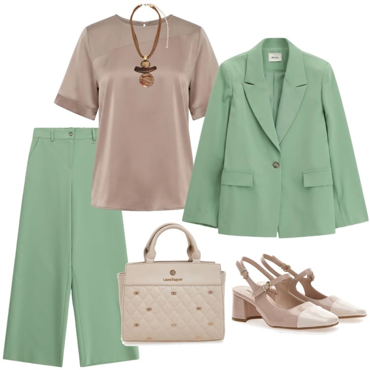 Outfit donna - Un verde primaverile. Stile Bon Ton per Ufficio. Abbinamento con ciondoli, bluse, pantaloni a palazzo, blazer, borse a mano, décolleté.