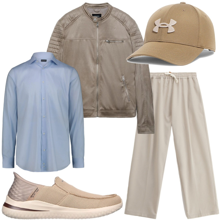 Outfit uomo - Colori chiari primaverili. Stile Casual per Tutti i giorni. Abbinamento con pantaloni, sneakers, cappelli con visiera, camicie, giacche.
