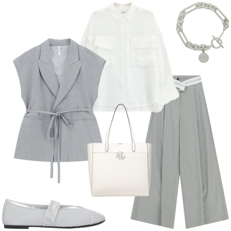 Outfit donna - Grigio in primavera. Stile Casual chic per Serata fuori. Abbinamento con ballerine, pantaloni a palazzo, gilet, camicie, braccialetti, borse tote.