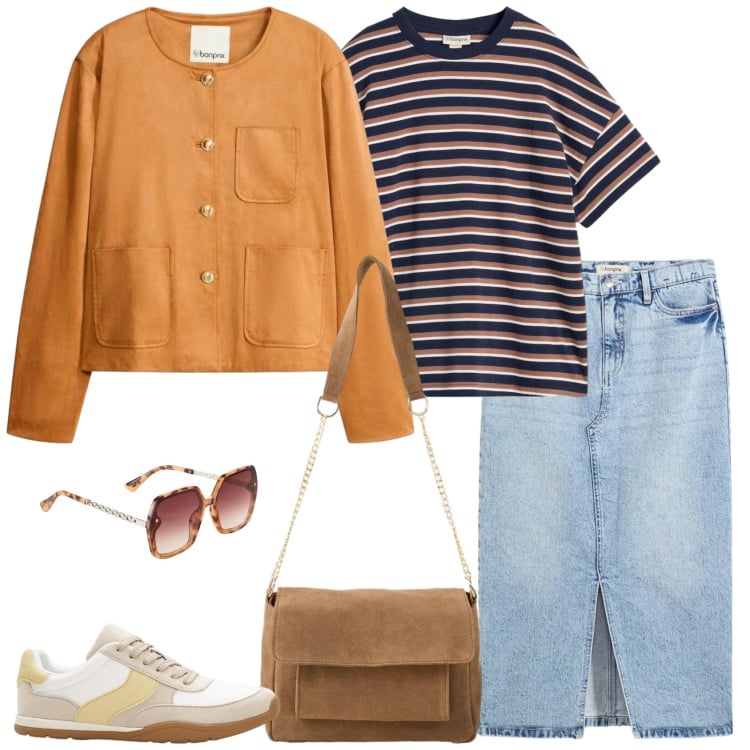 Outfit donna - La gonna in jeans. Stile Casual per Tutti i giorni. Abbinamento con gonne longuette, occhiali da sole, sneakers, t-shirt, blazer, borse a tracolla.
