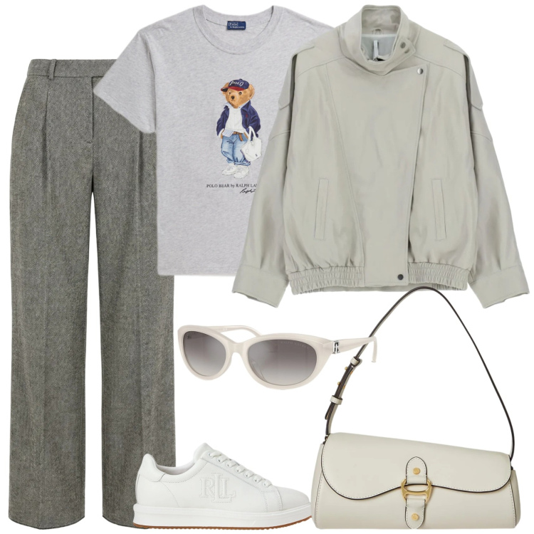 Outfit donna - Vedo grigio. Stile Mannish per Scuola/Università. Abbinamento con pantaloni, giacche, occhiali da sole, sneakers, borse a spalla, t-shirt.