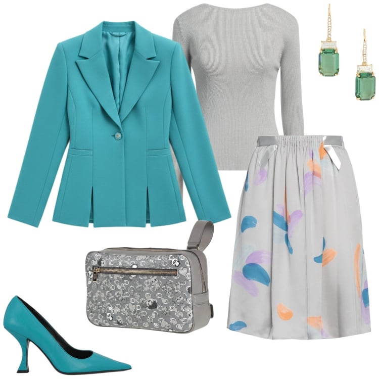 Outfit donna - Grigio in primavera. Stile Chic per Cerimonia. Abbinamento con décolleté, minigonne, marsupi, pullovers, blazer, orecchini.