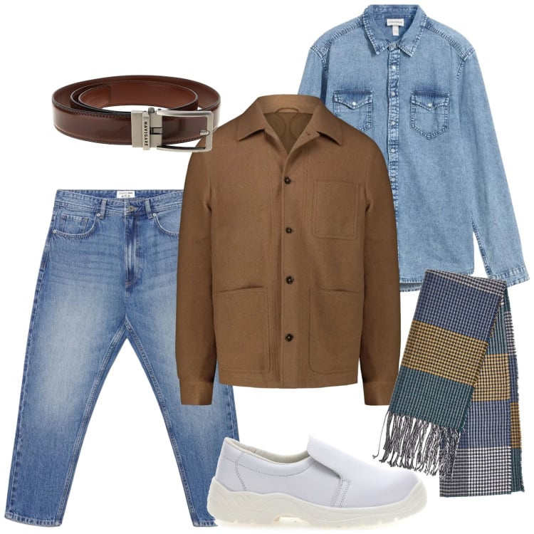 Outfit uomo - Mix di tessuti. Stile Casual per Tutti i giorni. Abbinamento con camicie, sciarpe, cappotti, jeans, cinture, scarpe stringate.