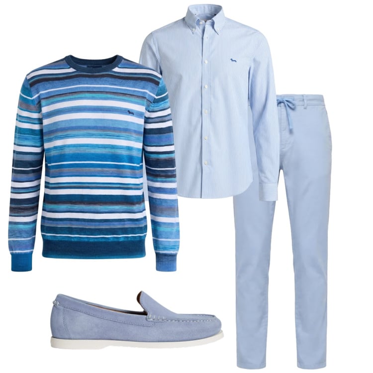 Outfit uomo - Colori chiari primaverili. Stile Casual per Tutti i giorni. Abbinamento con pullovers, camicie, pantaloni, scarpe stringate.