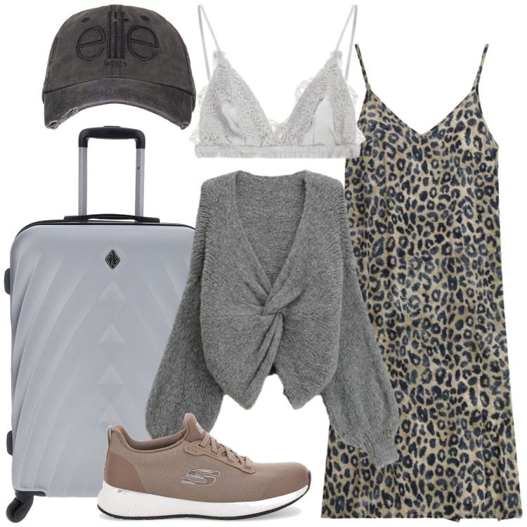 Outfit donna - Il ritorno del grigio in primavera. Stile Glamour per Tutti i giorni. Abbinamento con reggiseni, cardigans, vestiti midi/longuette, cappelli, sneakers, valigie.