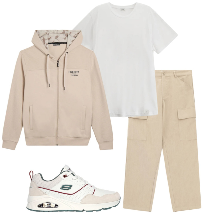 Outfit uomo - Colori chiari primaverili. Stile Casual per Tutti i giorni. Abbinamento con t-shirt, pantaloni cargo, felpe con cappuccio, sneakers.
