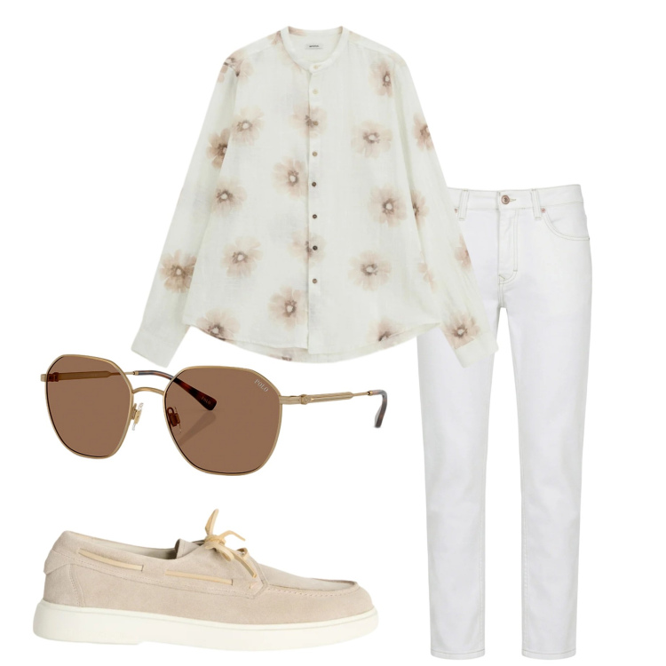 Outfit uomo - Look da pranzo all\' aperto. Stile Trendy per Tutti i giorni. Abbinamento con scarpe stringate, jeans, camicie, occhiali da sole.