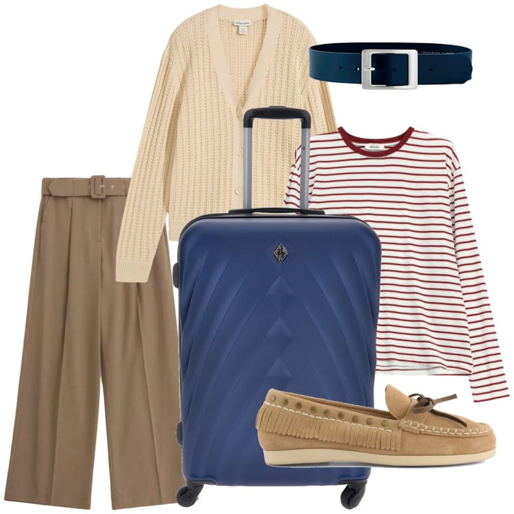 Outfit donna - Il pantalone protagonista di aprile. Stile Glamour per Tutti i giorni. Abbinamento con cinture, cardigans, t-shirt, pantaloni a palazzo, mocassini, valigie.