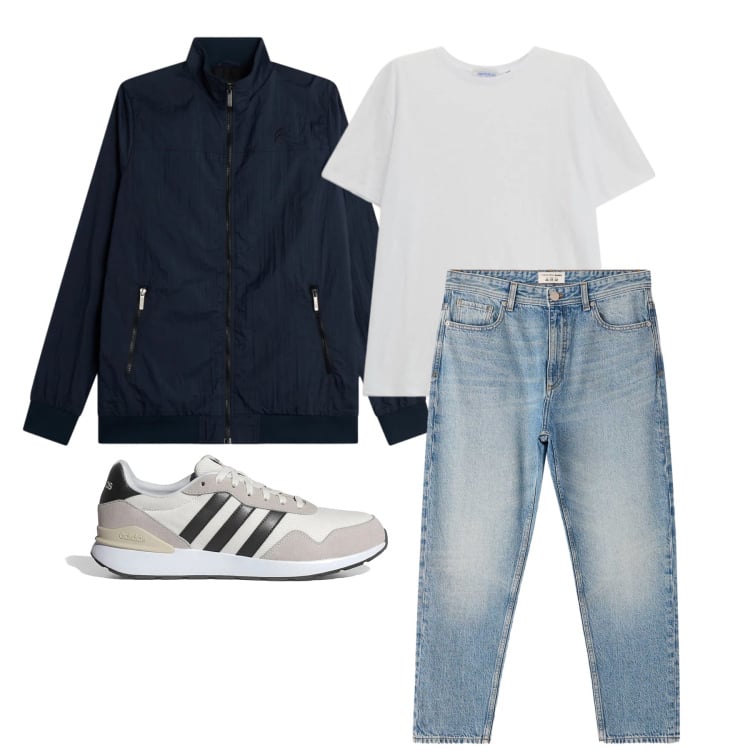 Outfit uomo - Aprile. Stile Casual per Tutti i giorni. Abbinamento con t-shirt, giacche, jeans dritti, sneakers.