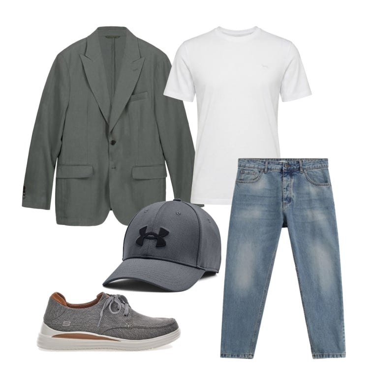 Outfit uomo - Aprile. Stile Trendy per Tutti i giorni. Abbinamento con t-shirt, jeans, scarpe stringate, cappelli, giacche.