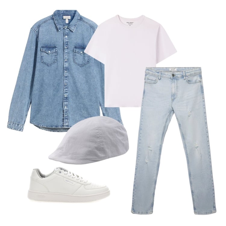 Outfit uomo - Aprile. Stile Trendy per Tutti i giorni. Abbinamento con camicie, cappelli con visiera, t-shirt, jeans strappati, sneakers.