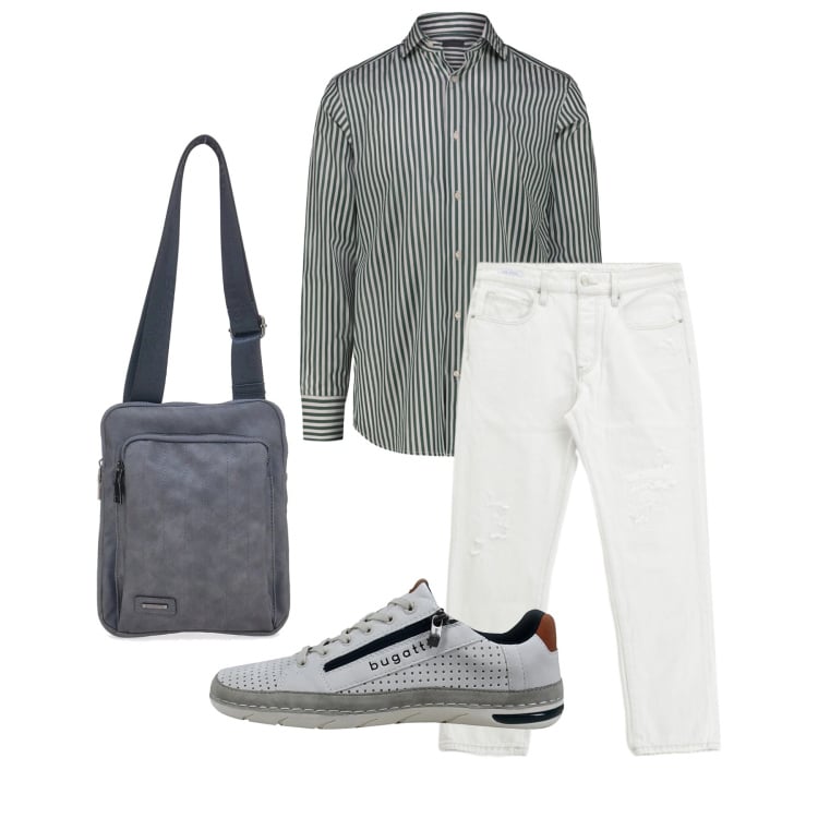 Outfit uomo - Aprile. Stile Trendy per Tutti i giorni. Abbinamento con jeans dritti, portafogli, camicie, sneakers.