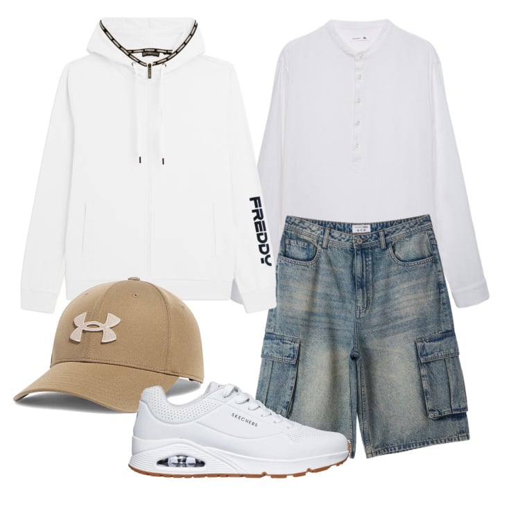 Outfit uomo - Aprile. Stile Trendy per Tutti i giorni. Abbinamento con pantaloni corti, camicie, felpe con cappuccio, cappelli con visiera, sneakers.