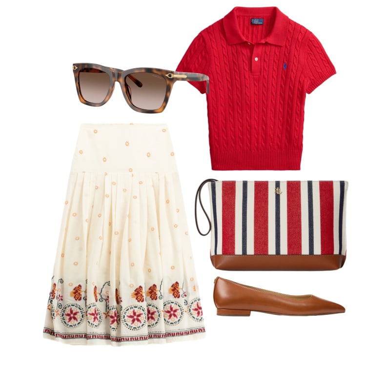 Outfit donna - Aprile. Stile Bon Ton per Tutti i giorni. Abbinamento con gonne lunghe, occhiali da sole, ballerine, pochette, polo.
