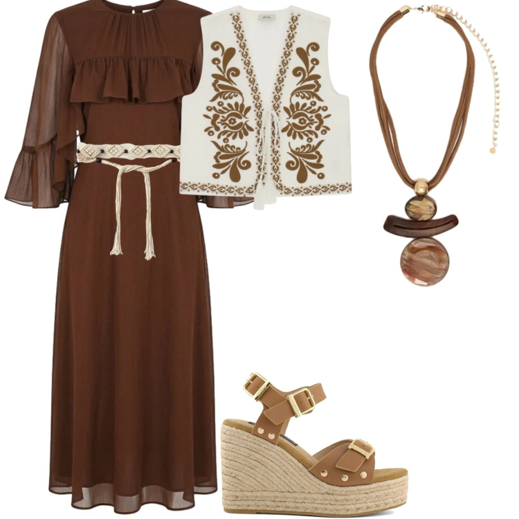 Outfit donna - Collana statement. Stile Boho per Tutti i giorni. Abbinamento con ciondoli, vestiti midi/longuette, gilet, cinture, zeppe.