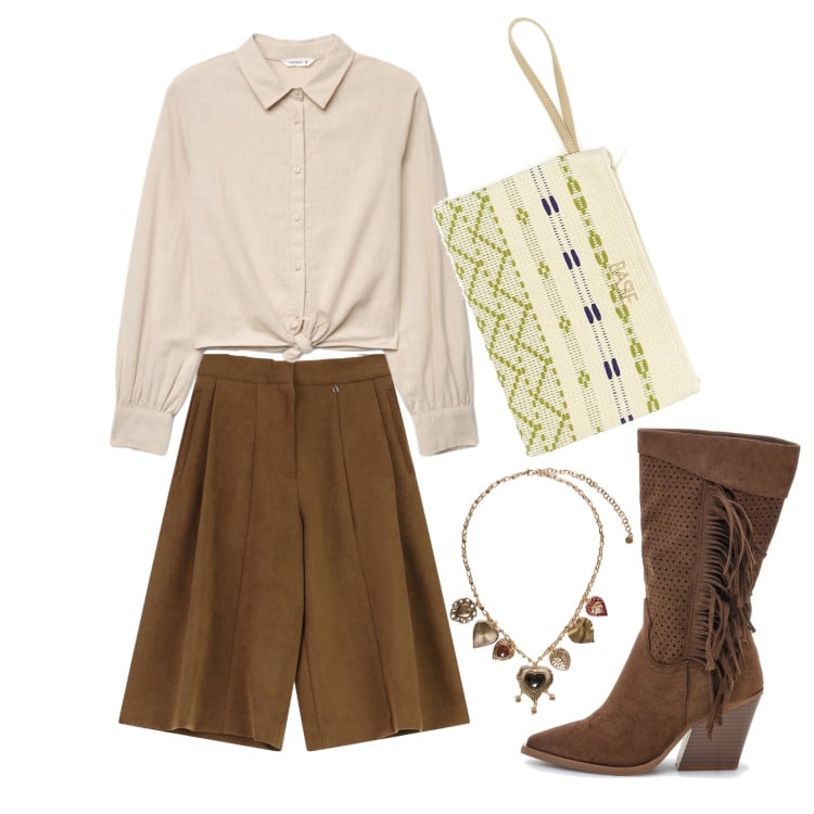 Outfit donna - Aprile. Stile Boho per Tutti i giorni. Abbinamento con camicie, pantaloni a palazzo, collane, pochette, stivaletti texani.