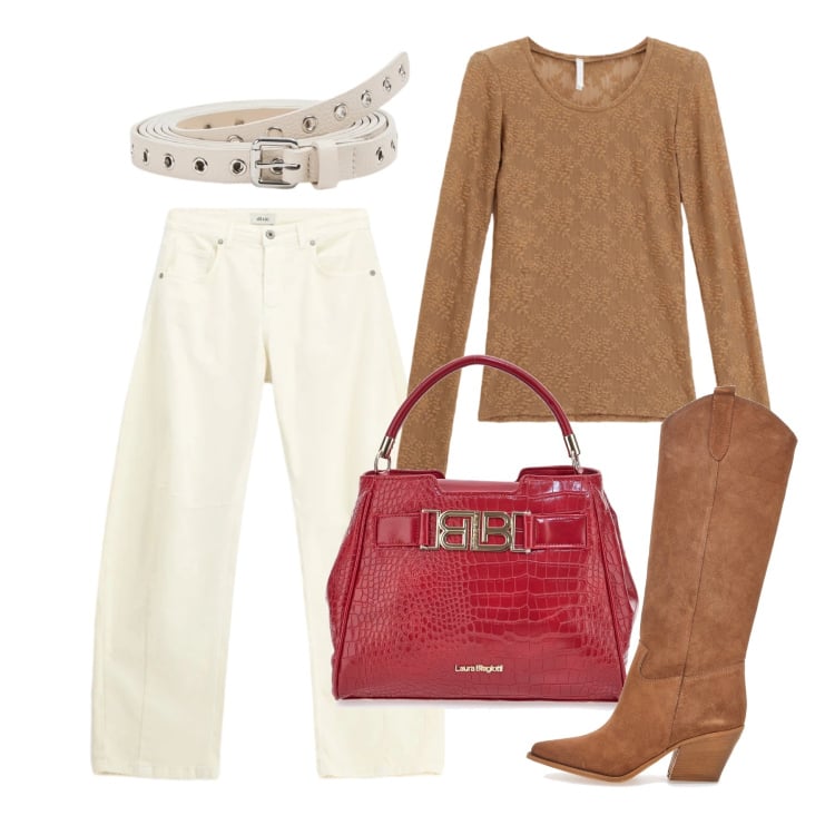 Outfit donna - Aprile. Stile Trendy per Tutti i giorni. Abbinamento con bluse, pantaloni, borse a mano, stivali, cinture.