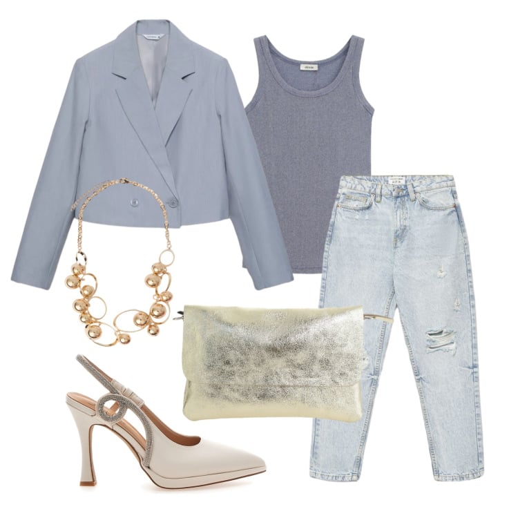 Outfit donna - Aprile. Stile Trendy per Tutti i giorni. Abbinamento con collane, top, borse a spalla, blazer, jeans mom, décolleté.