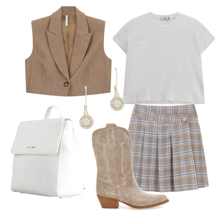 Outfit donna - Aprile. Stile Trendy per Tutti i giorni. Abbinamento con zaini, t-shirt, gilet, gonne, orecchini, stivaletti texani.