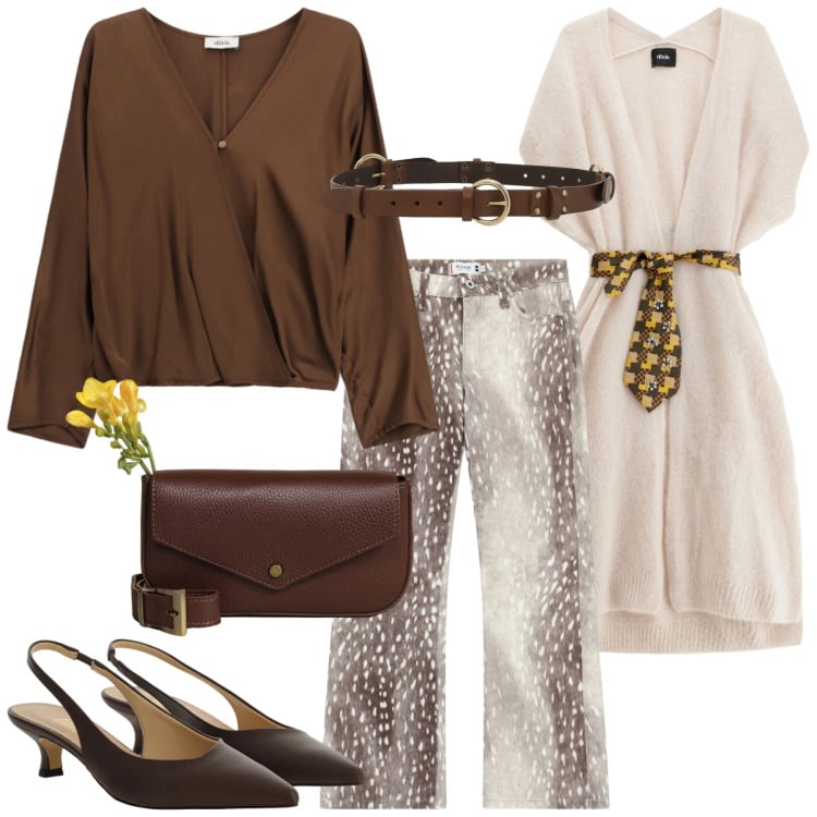 Outfit donna - Total look #2374932. Stile Romantica per Ufficio. Abbinamento con bluse, décolleté, borse a tracolla, gilet, cinture, pantaloni.