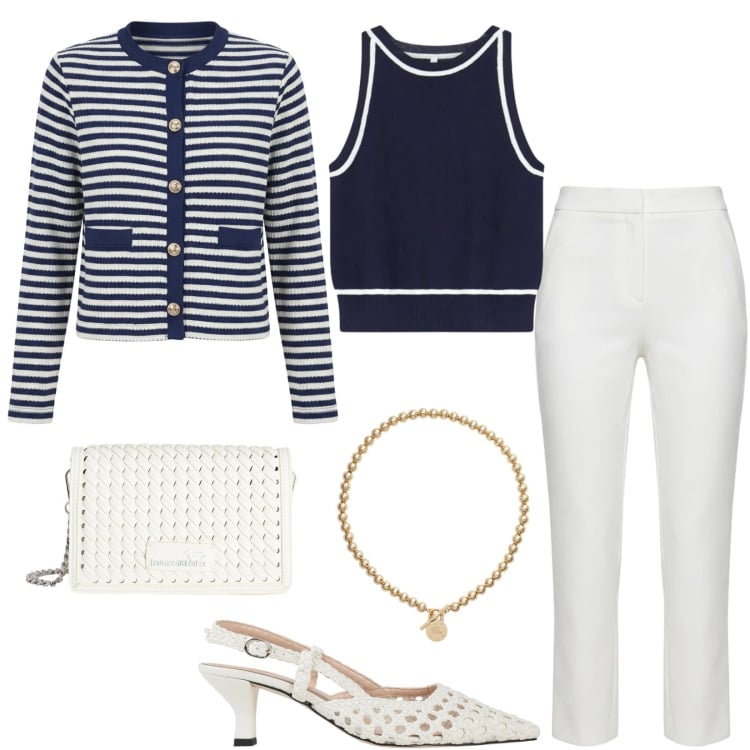 Outfit donna - Comfort e eleganza. Stile Casual chic per Tutti i giorni. Abbinamento con décolleté, borse a tracolla, top, cardigans, pantaloni, collane.