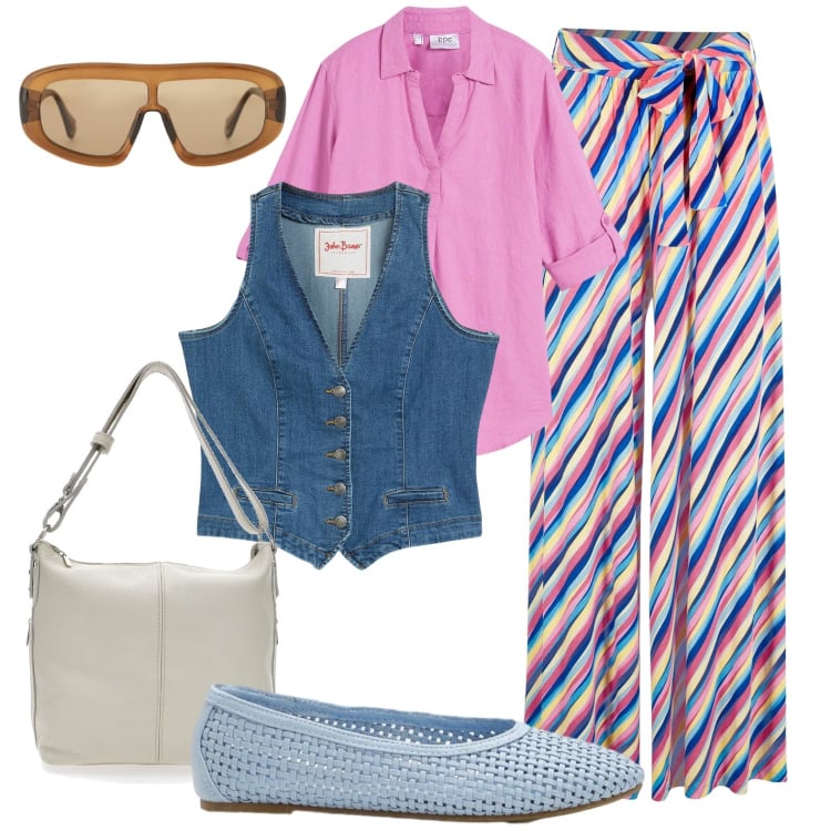 Outfit donna - Pic nic multicolor. Stile Casual per Ufficio. Abbinamento con bluse, gilet, pantaloni a palazzo, ballerine, occhiali da sole, borse a spalla.