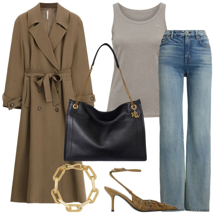 Outfit donna - Appuntamento con le amiche. Stile Casual chic per Tutti i giorni. Abbinamento con décolleté, canottiere, trench, borse tote, jeans, braccialetti.
