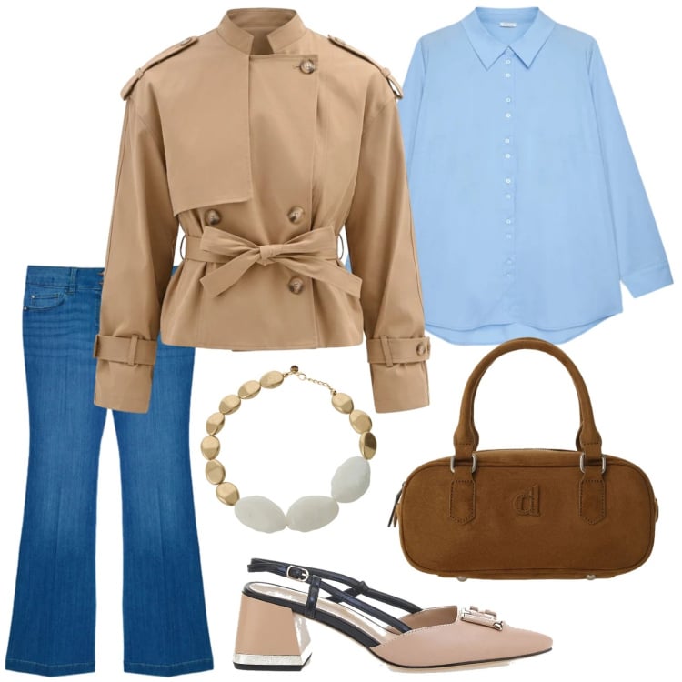 Outfit donna - Jeans e trench. Stile Minimal per Tutti i giorni. Abbinamento con camicie, jeans, caban, cappotti, collane, décolleté.