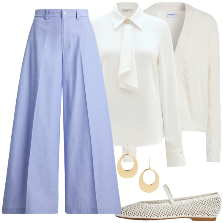 Outfit donna - Pastel Volume & Silk Touch. Stile Chic per Ufficio. Abbinamento con cardigans, camicie, ballerine, pantaloni, orecchini.