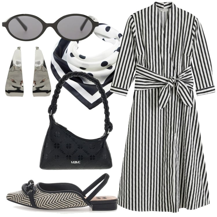Outfit donna - Pasqua a righe. Stile Casual chic per Tutti i giorni. Abbinamento con foulard, vestiti midi/longuette, occhiali da sole, orecchini, ballerine, borse a mano.