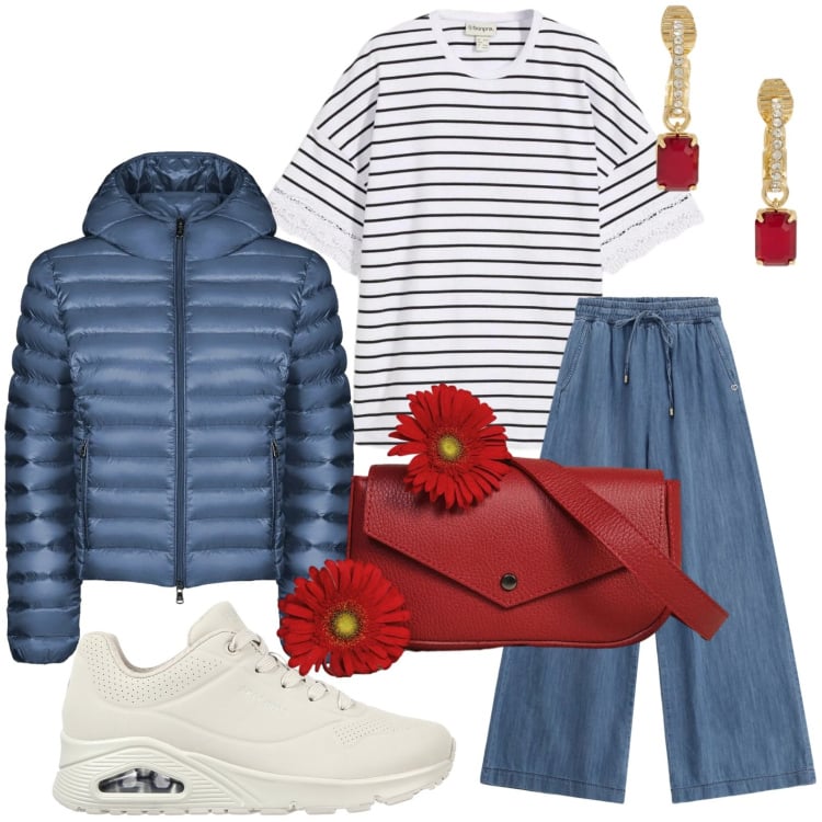 Outfit donna - Righe di stagione. Stile Minimal per Tutti i giorni. Abbinamento con t-shirt, jeans, borse a tracolla, orecchini, bomber, sneakers.