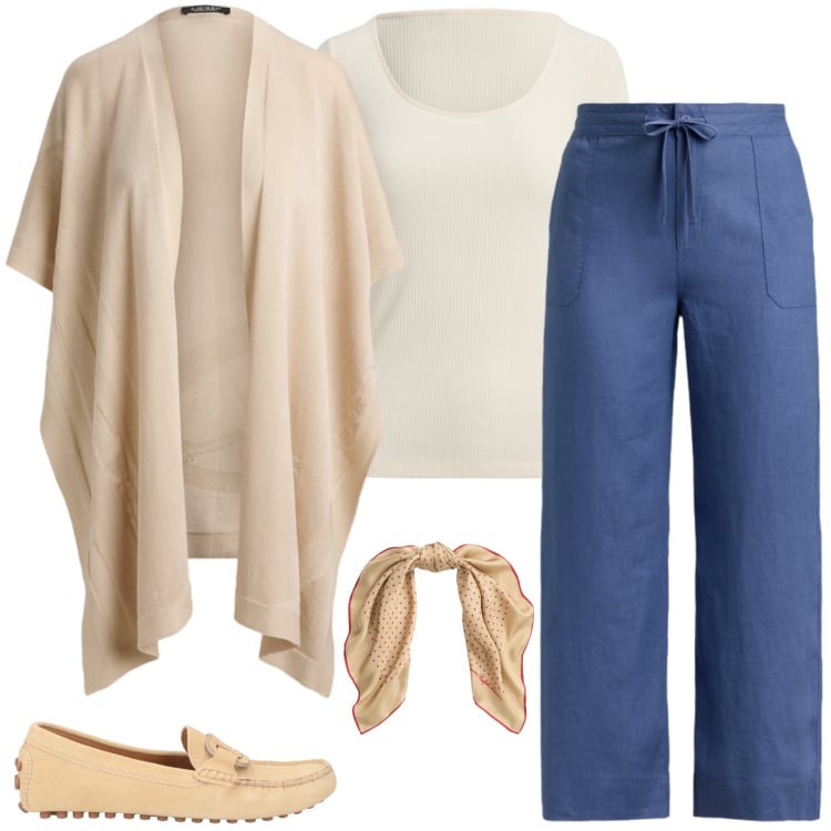 Outfit donna - Casual Linen & Blue Shades. Stile Casual per Tutti i giorni. Abbinamento con mocassini, t-shirt, cappe, pantaloni, foulard.