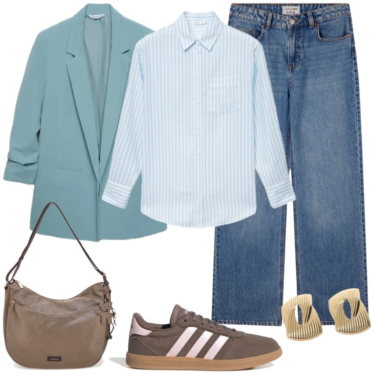 Outfit donna - Spring sale in april. Stile Casual chic per Tutti i giorni. Abbinamento con orecchini, sneakers, blazer, jeans, borse a spalla, camicie.