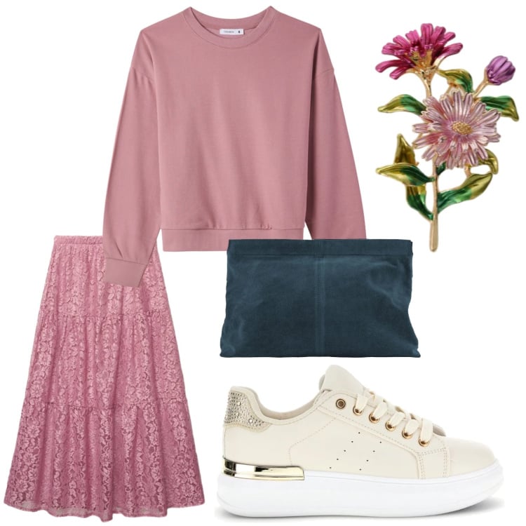 Outfit donna - Casual in rosa. Stile Minimal per Tutti i giorni. Abbinamento con cappotti, felpe, gonne lunghe, pochette, sneakers.