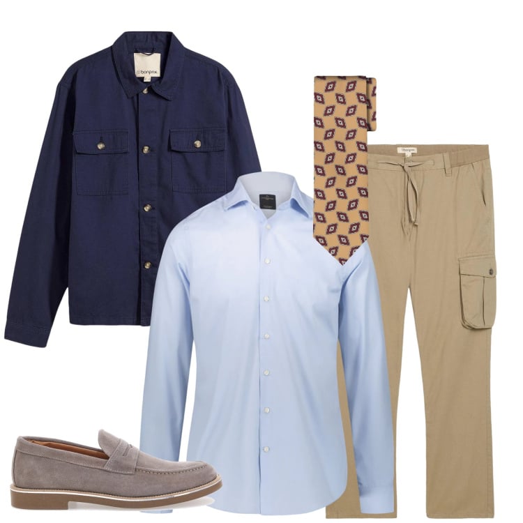Outfit uomo - L\'Equilibrio Perfetto. Stile Urban per Tutti i giorni. Abbinamento con giacche, pantaloni cargo, camicie, scarpe stringate, cravatte.
