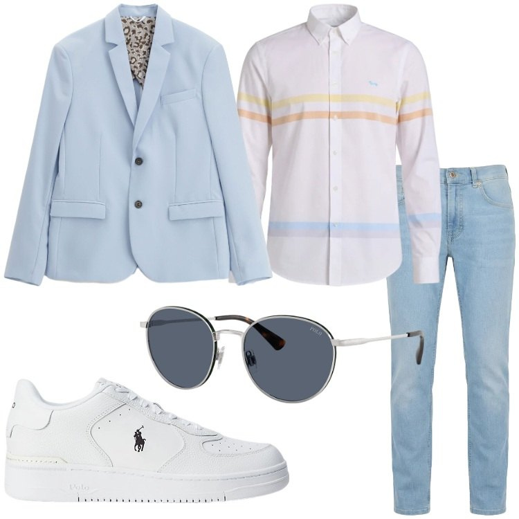 Outfit uomo - Colori chiari primaverili. Stile Trendy per Tutti i giorni. Abbinamento con giacche, jeans, camicie, sneakers, occhiali da sole.