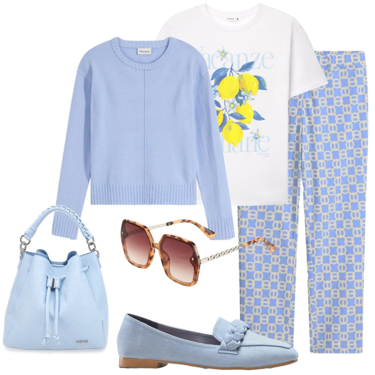 Outfit donna - Pic nic curvy style. Stile Casual chic per Tutti i giorni. Abbinamento con pantaloni, maglieria, mocassini, occhiali da sole, t-shirt, borse a secchiello.